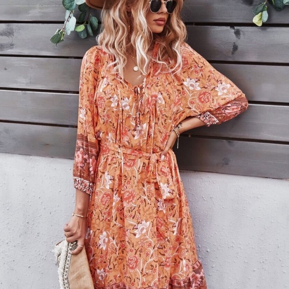 Boho floral print belted 3/4 sleeve dress - Picture 5 of 9
